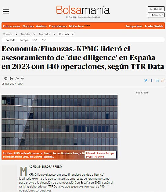 Economa/Finanzas.-KPMG lider el asesoramiento de 'due diligence' en Espaa en 2023 con 140 operaciones, segn TTR Data